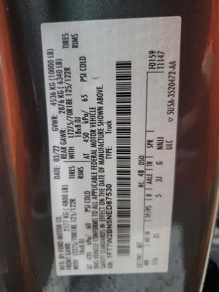 2022 Ford F250 Super Duty VIN: 1FT7W2BN5NED87530 Lot: 82101925