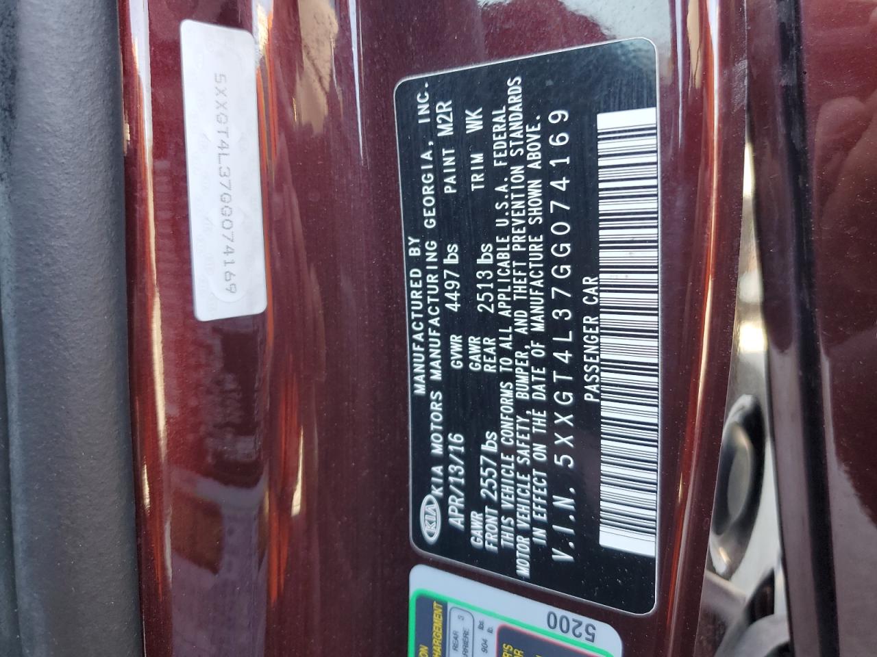 2016 Kia Optima Lx VIN: 5XXGT4L37GG074169 Lot: 72070115