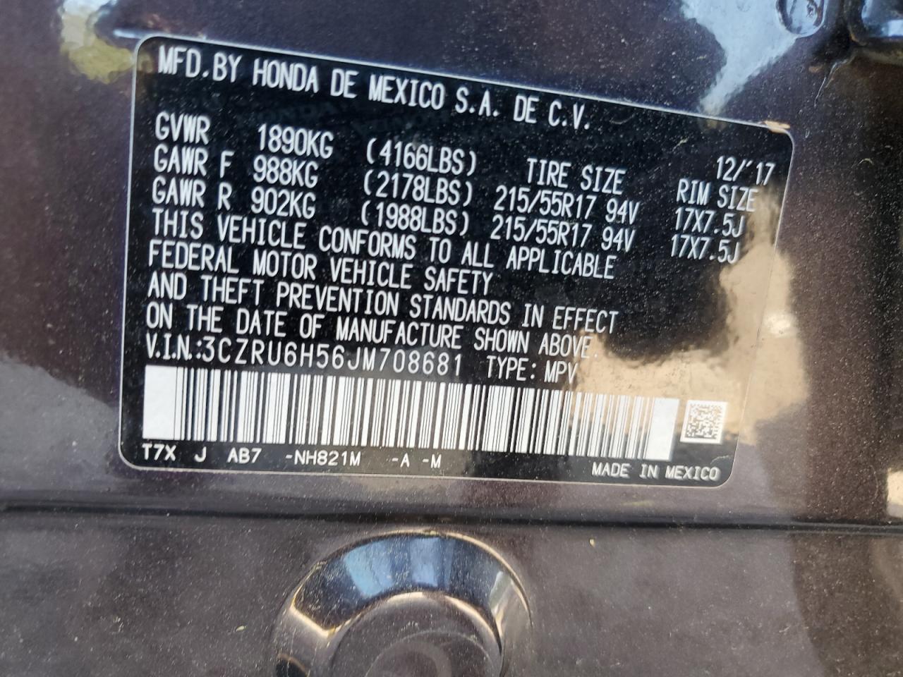 2018 Honda Hr-V Ex VIN: 3CZRU6H56JM708681 Lot: 71274835