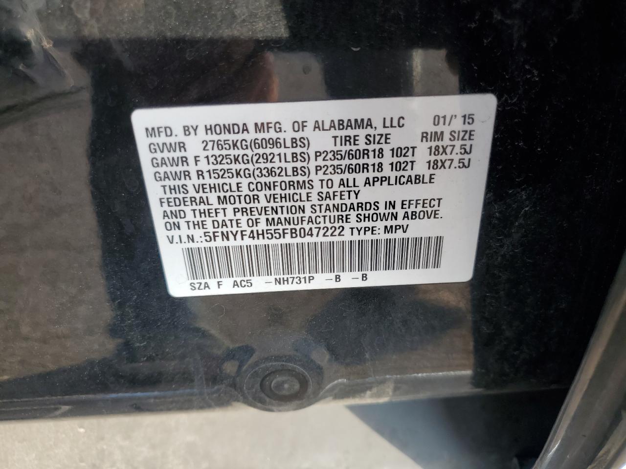 2015 Honda Pilot Exl VIN: 5FNYF4H55FB047222 Lot: 81308585