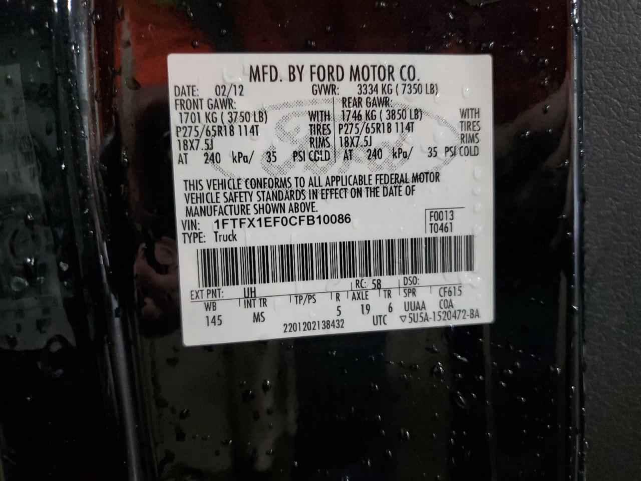 2012 Ford F150 Super Cab VIN: 1FTFX1EF0CFB10086 Lot: 71735915