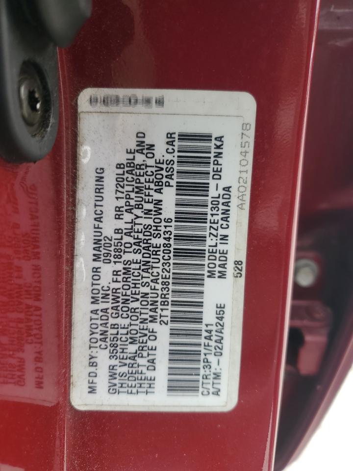2003 Toyota Corolla Ce VIN: 2T1BR38E23C084316 Lot: 84232325