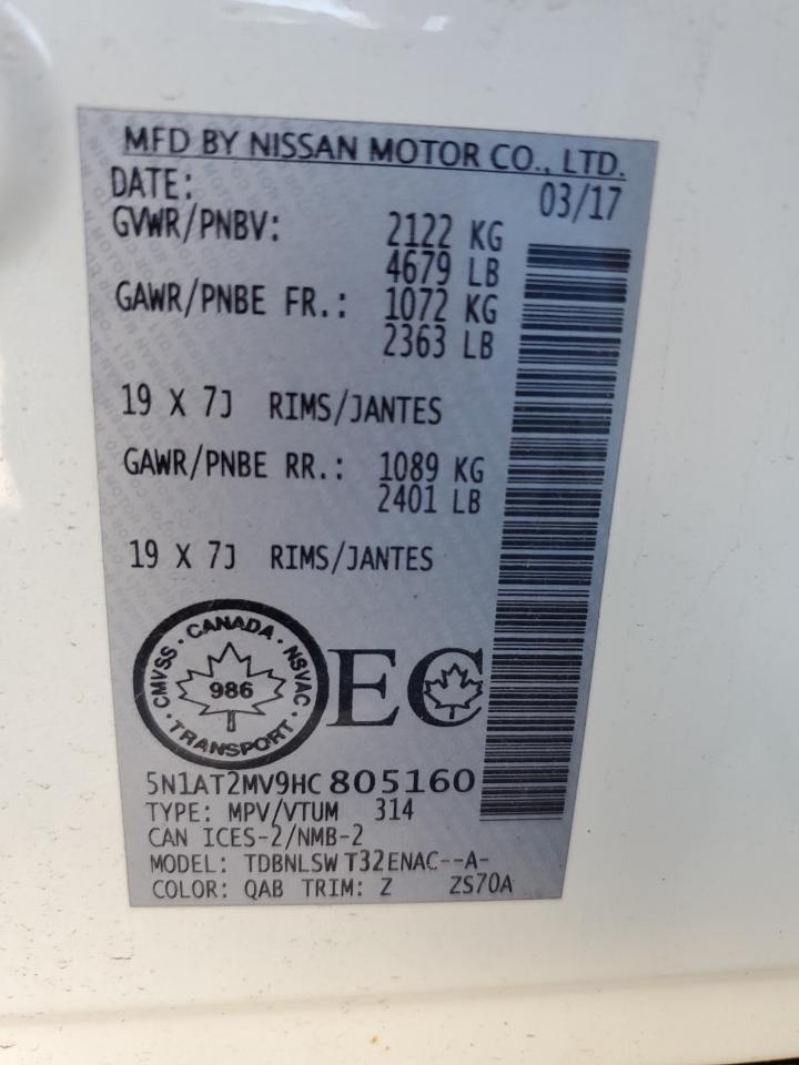 2017 Nissan Rogue Sv VIN: 5N1AT2MV9HC805160 Lot: 84443495