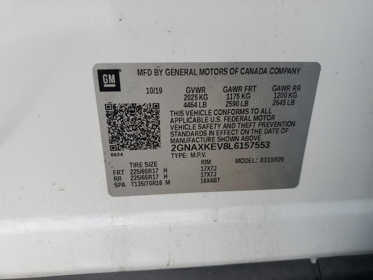 2020 Chevrolet Equinox Lt VIN: 2GNAXKEV8L6157553 Lot: 71844445