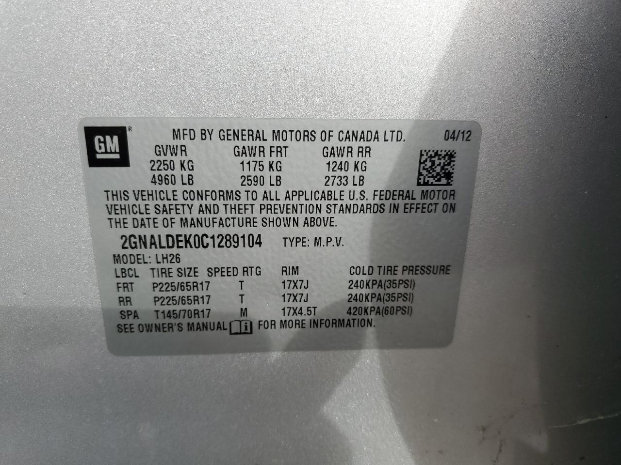 2012 Chevrolet Equinox Lt VIN: 2GNALDEK0C1289104 Lot: 84463215