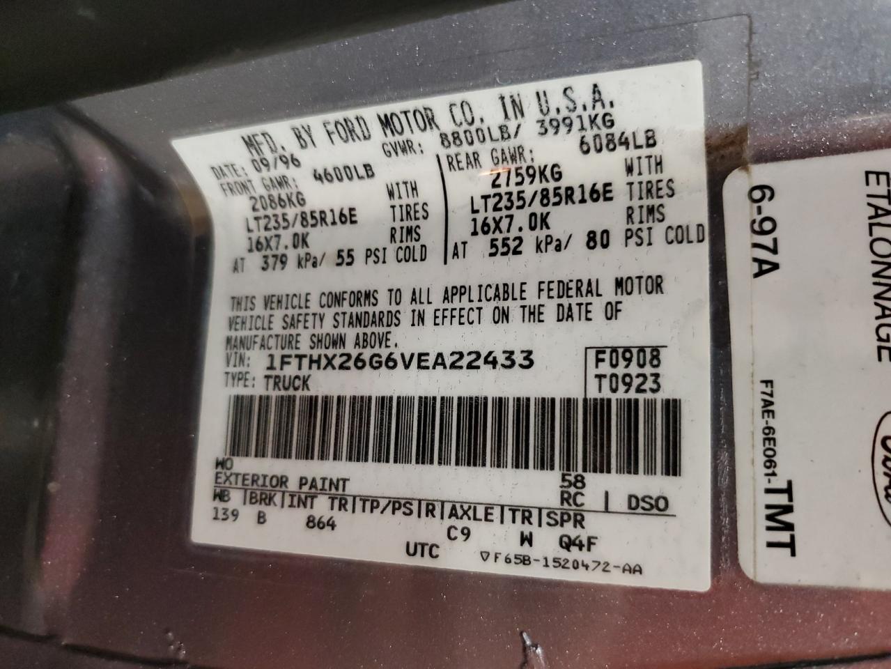 1997 Ford F250 VIN: 1FTHX26G6VEA22433 Lot: 82139055