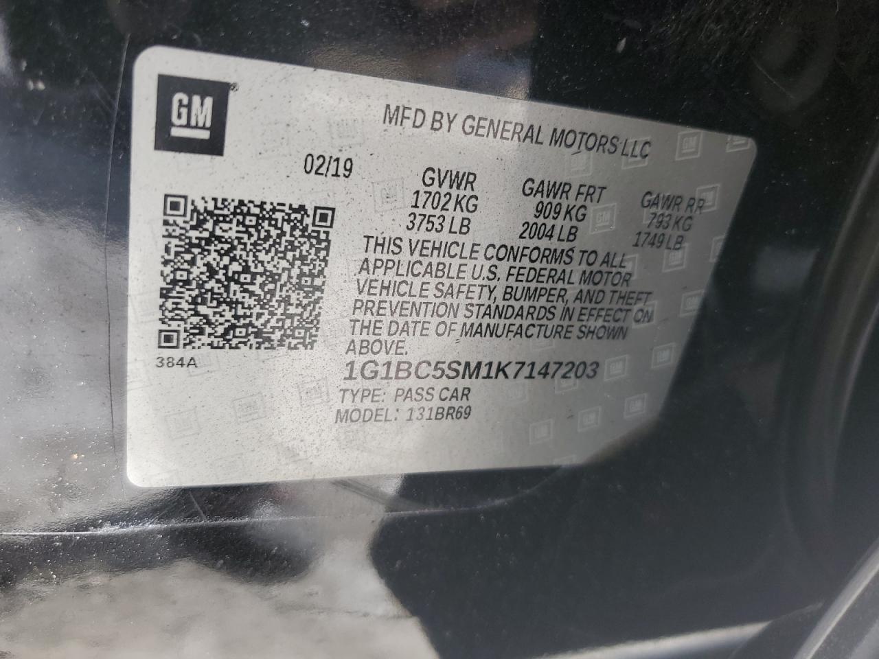 2019 Chevrolet Cruze Ls VIN: 1G1BC5SM1K7147203 Lot: 81424875