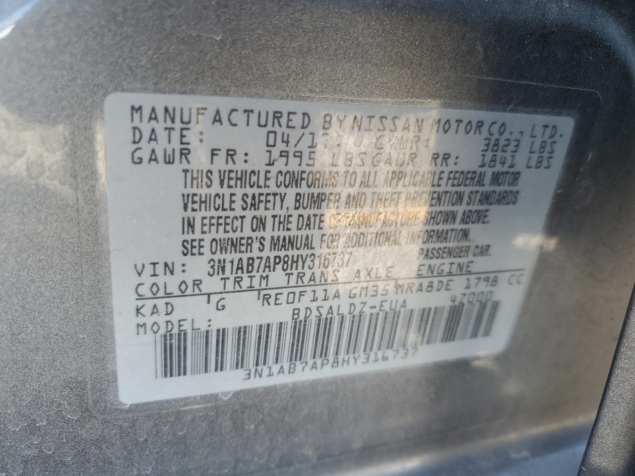 2017 Nissan Sentra S VIN: 3N1AB7AP8HY316737 Lot: 71293585