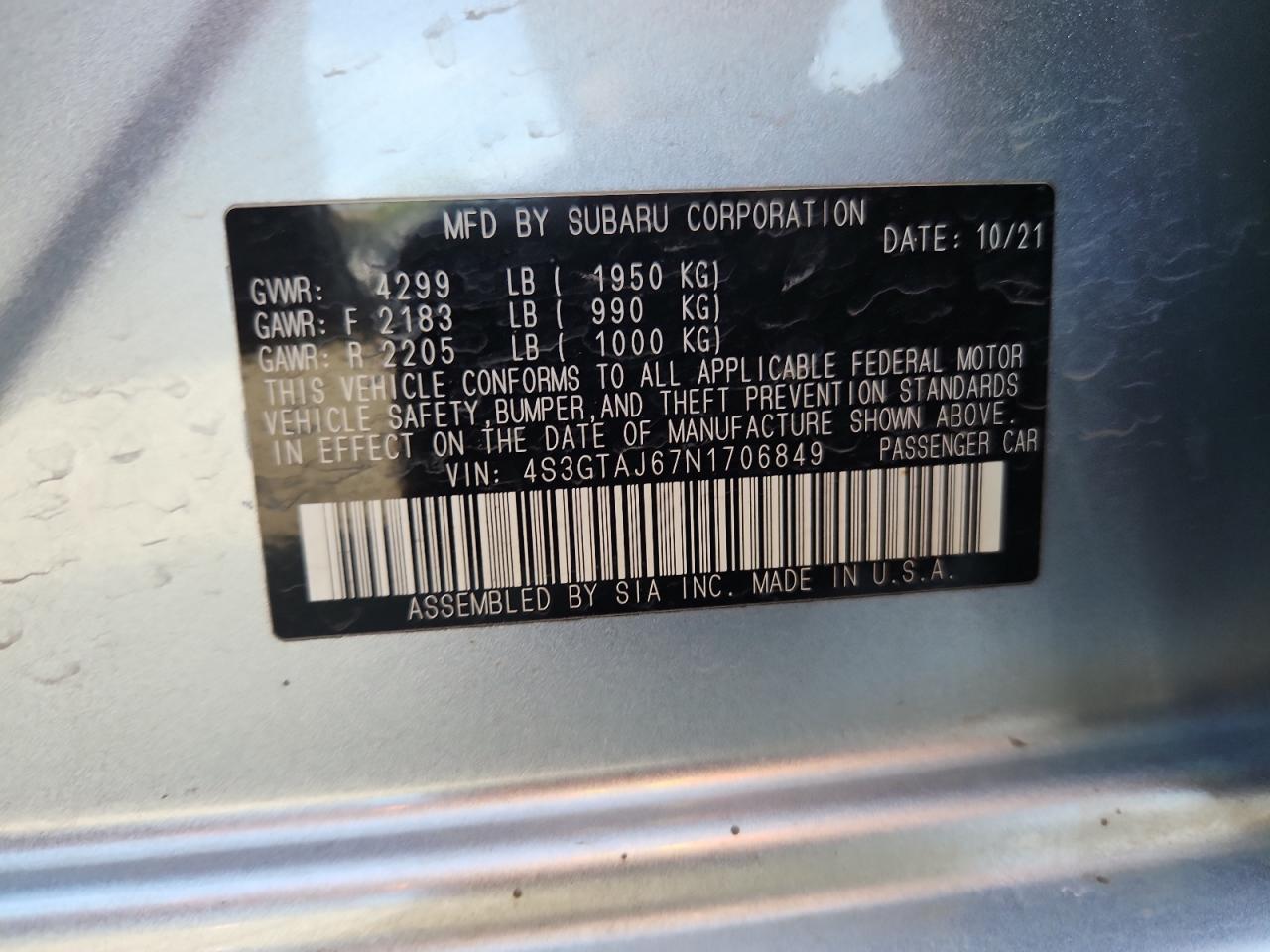 2022 Subaru Impreza Sport VIN: 4S3GTAJ67N1706849 Lot: 84442705