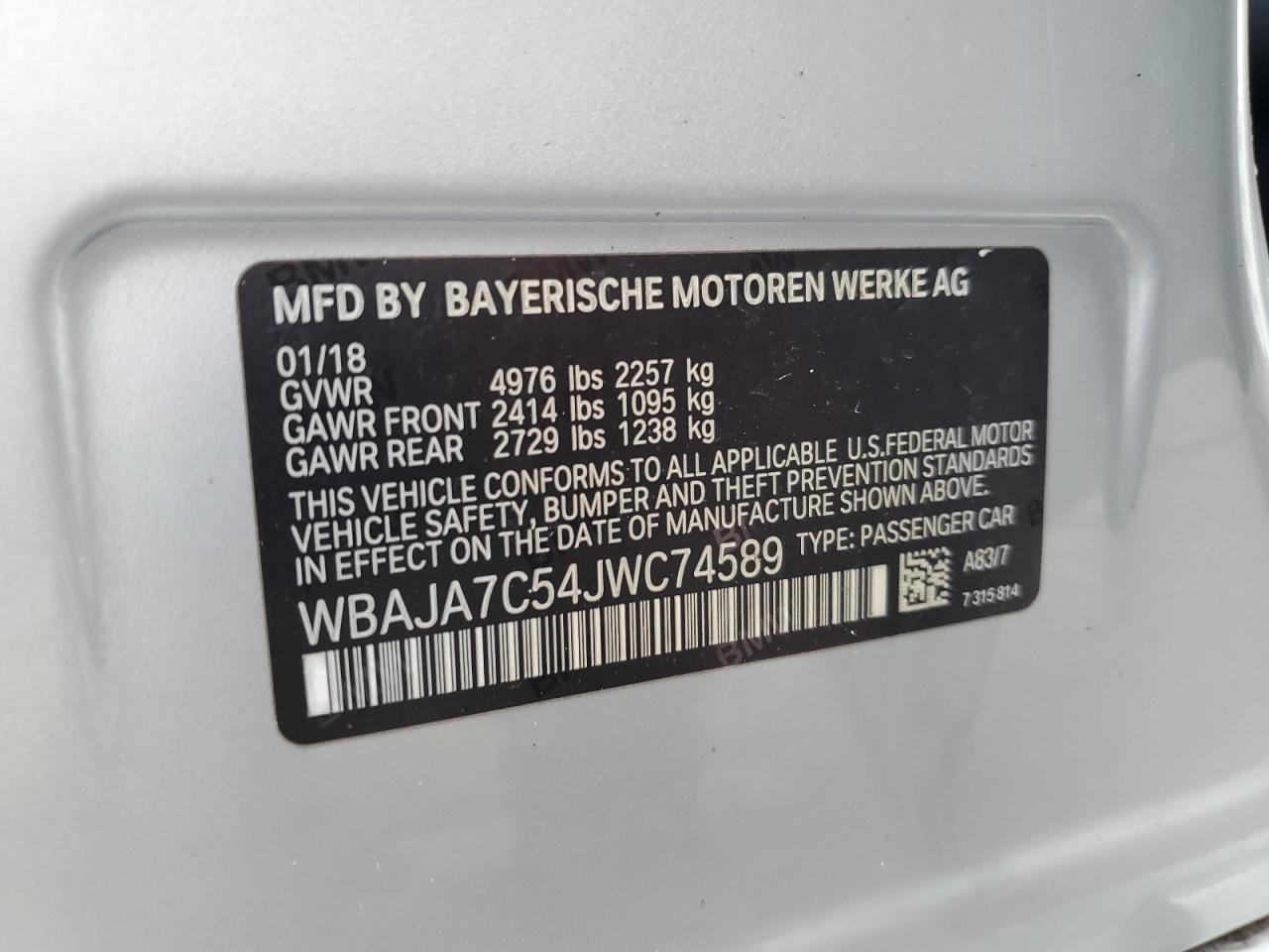 2018 BMW 530 Xi VIN: WBAJA7C54JWC74589 Lot: 83904455