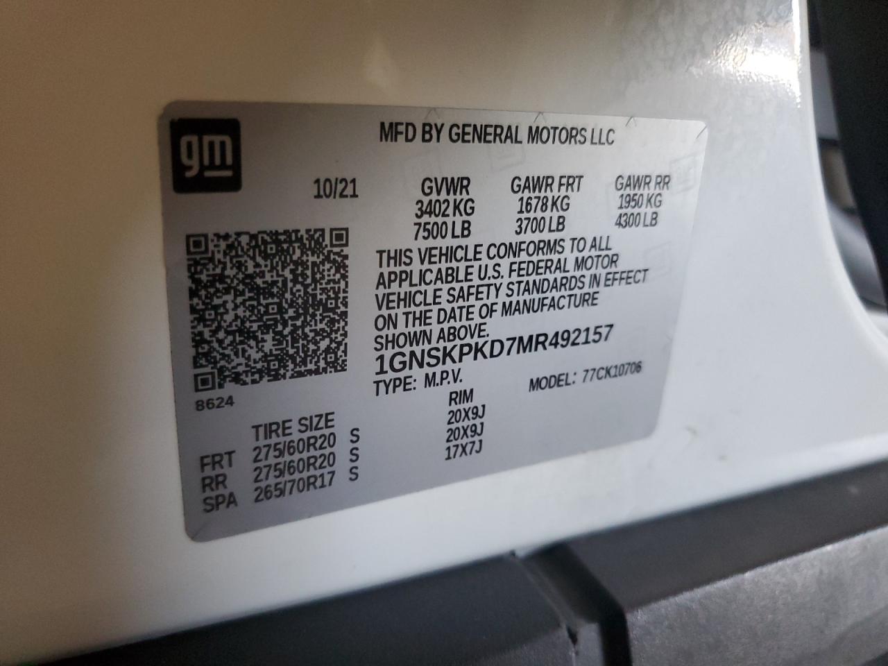 2021 Chevrolet Tahoe K1500 Z71 VIN: 1GNSKPKD7MR492157 Lot: 83930395