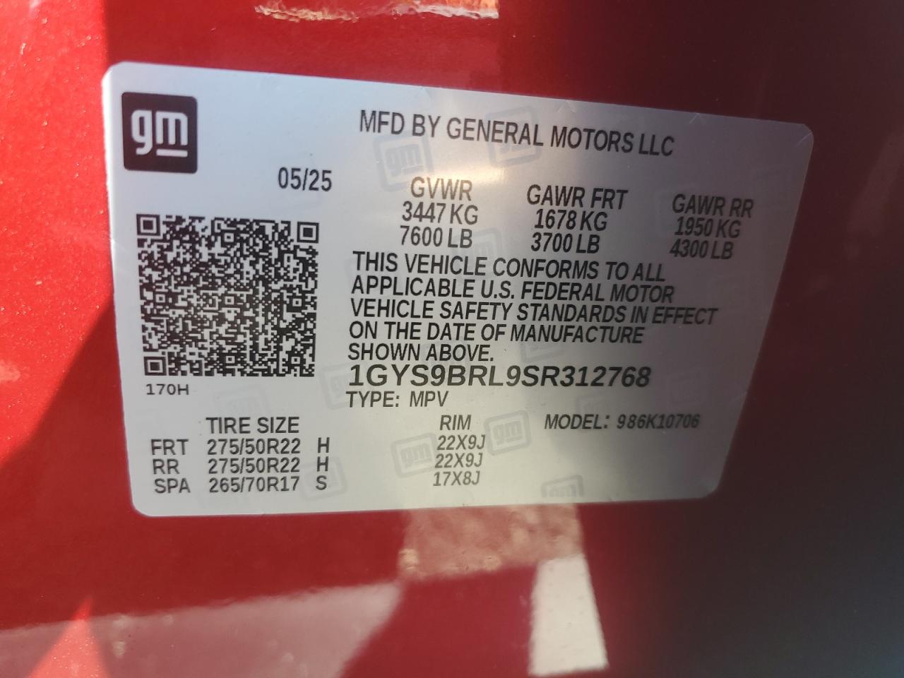 2025 Cadillac Escalade Premium Luxury VIN: 1GYS9BRL9SR312768 Lot: 81307625