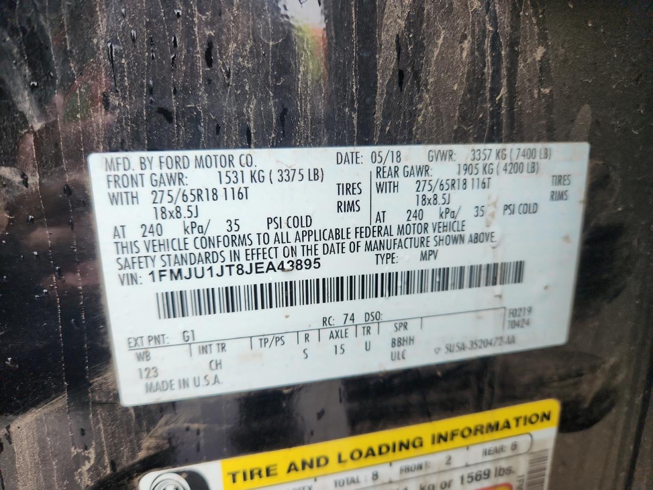 2018 Ford Expedition Xlt VIN: 1FMJU1JT8JEA43895 Lot: 81161255