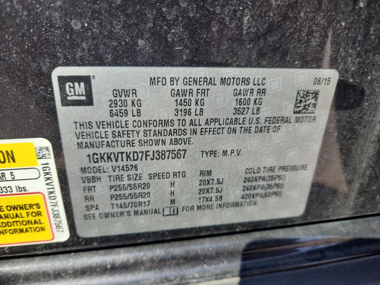 2015 GMC Acadia Denali VIN: 1GKKVTKD7FJ387567 Lot: 81127435