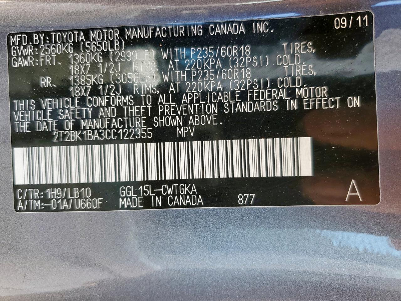 2012 Lexus Rx 350 VIN: 2T2BK1BA3CC122355 Lot: 81918645