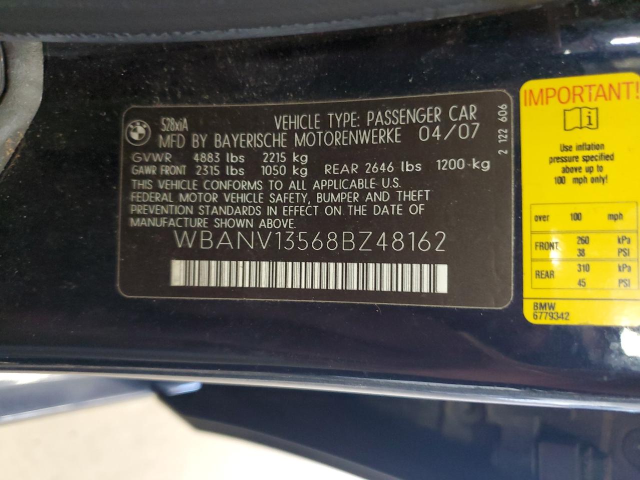 2008 BMW 528 Xi VIN: WBANV13568BZ48162 Lot: 84196605