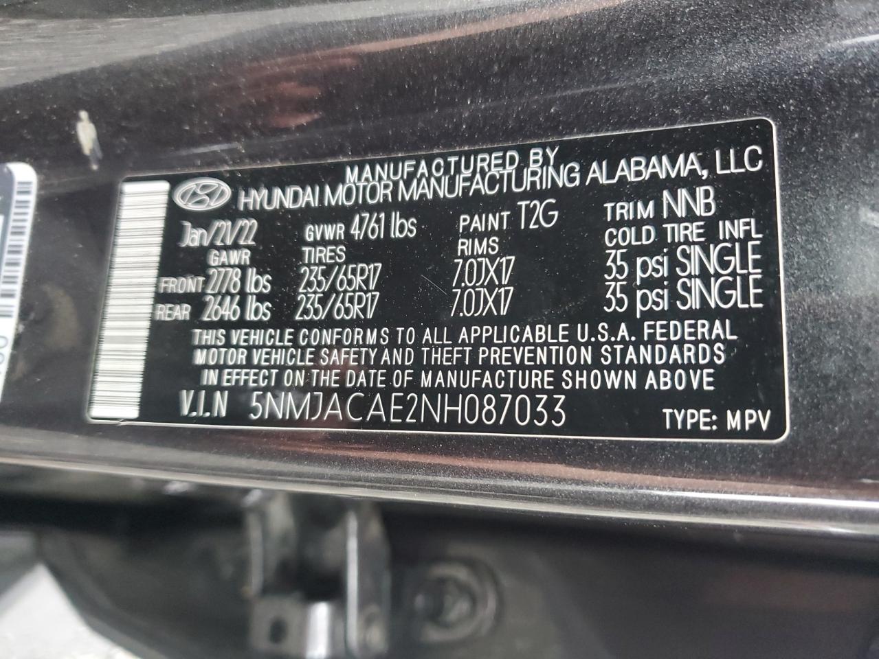 2022 Hyundai Tucson Se VIN: 5NMJACAE2NH087033 Lot: 82080045