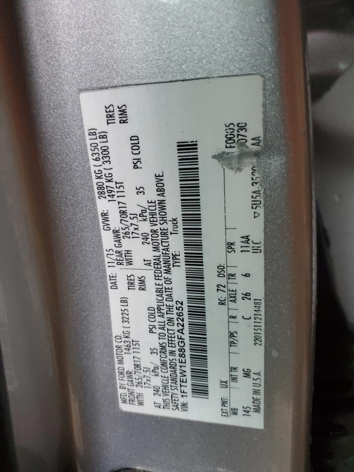 2016 Ford F150 Supercrew VIN: 1FTEW1E88GFA22652 Lot: 81705325