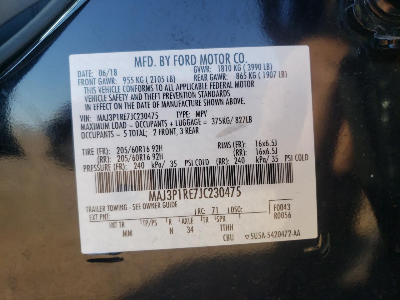 2018 Ford Ecosport S VIN: MAJ3P1RE7JC230475 Lot: 71449235