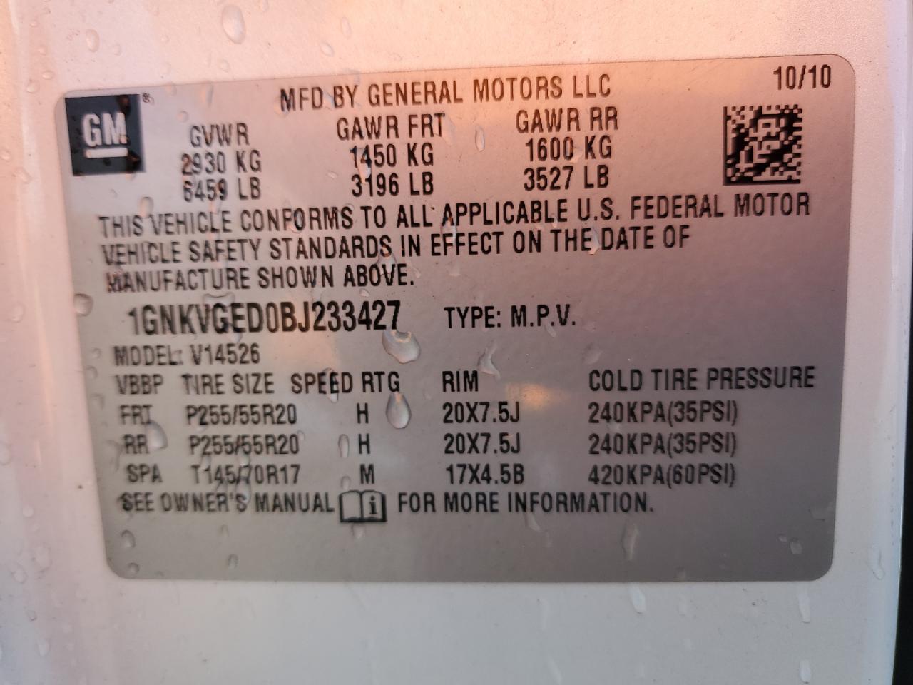 2011 Chevrolet Traverse Lt VIN: 1GNKVGED0BJ233427 Lot: 71022655