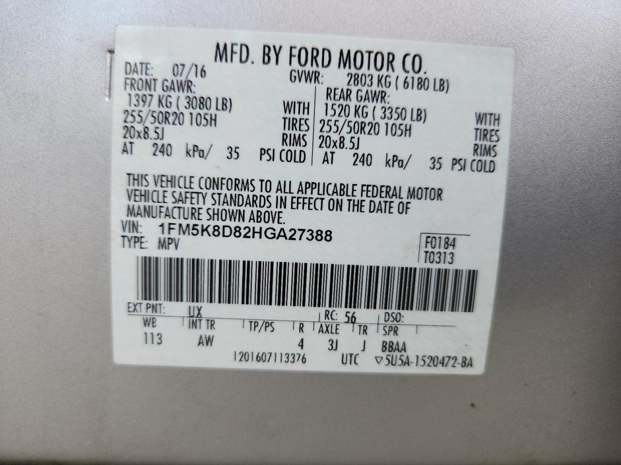 2017 Ford Explorer Xlt VIN: 1FM5K8D82HGA27388 Lot: 82080325