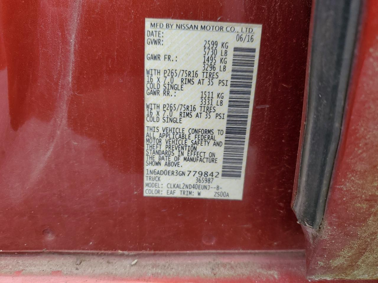 2016 Nissan Frontier S VIN: 1N6AD0ER3GN779842 Lot: 84401105