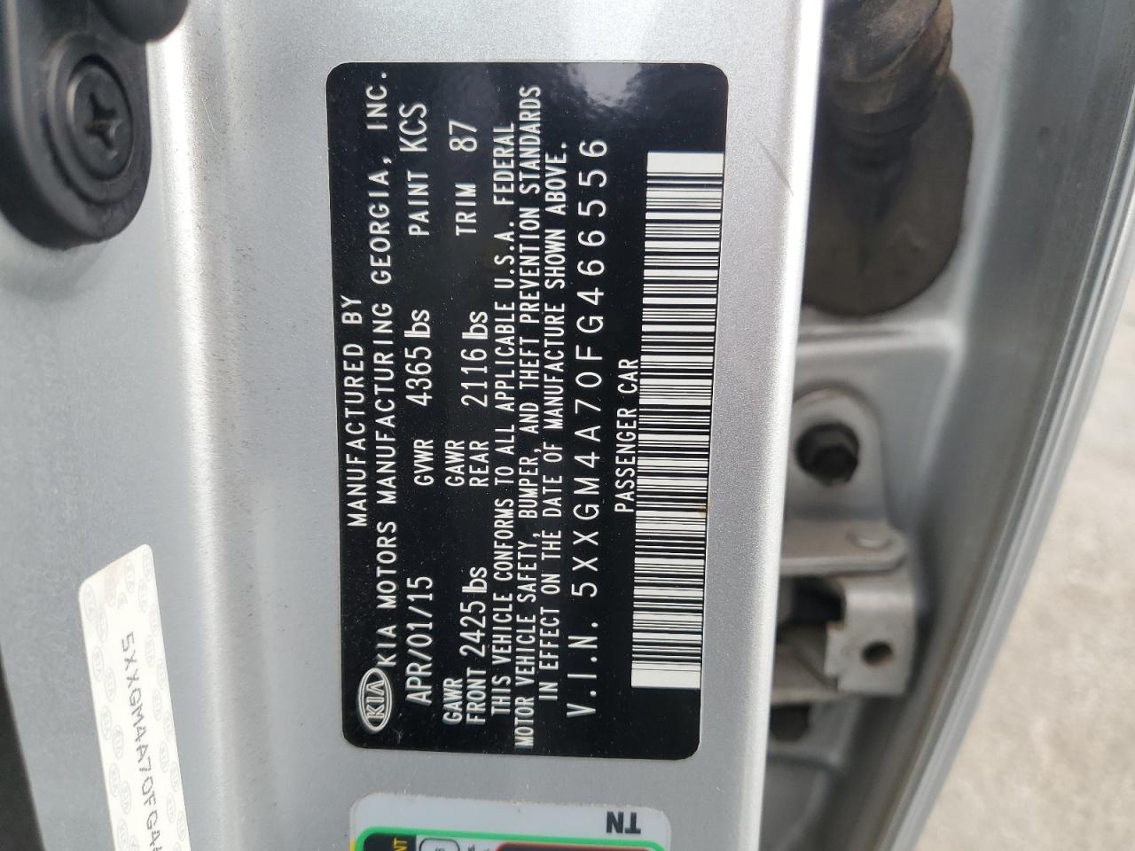 2015 Kia Optima Lx VIN: 5XXGM4A70FG466556 Lot: 84058315