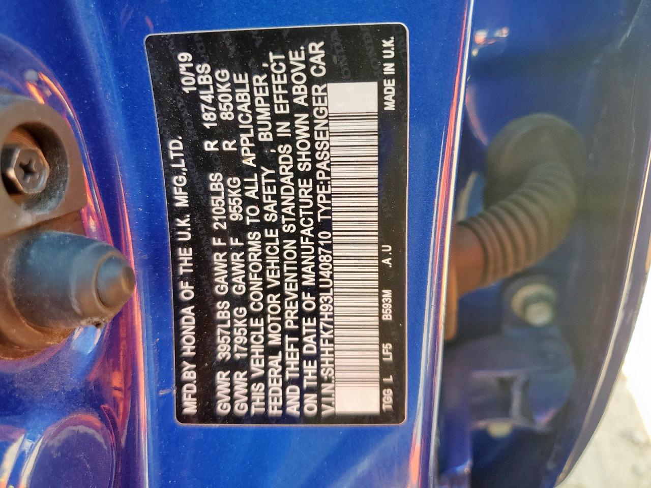 2020 Honda Civic Sport Touring VIN: SHHFK7H93LU408710 Lot: 71876325