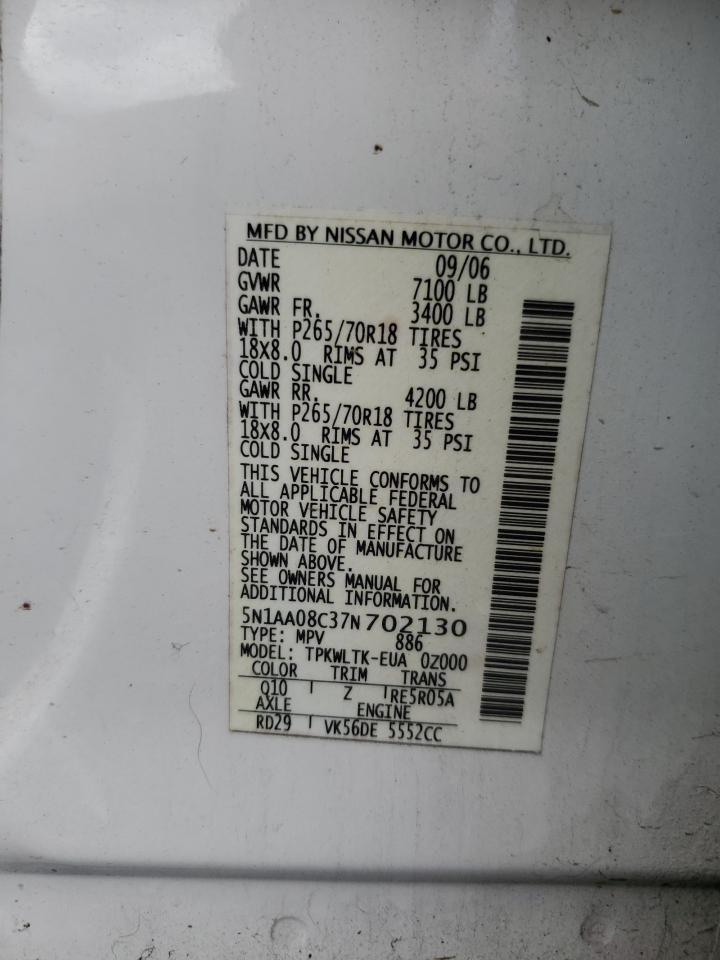 2007 Nissan Armada Se VIN: 5N1AA08C37N702130 Lot: 81630295