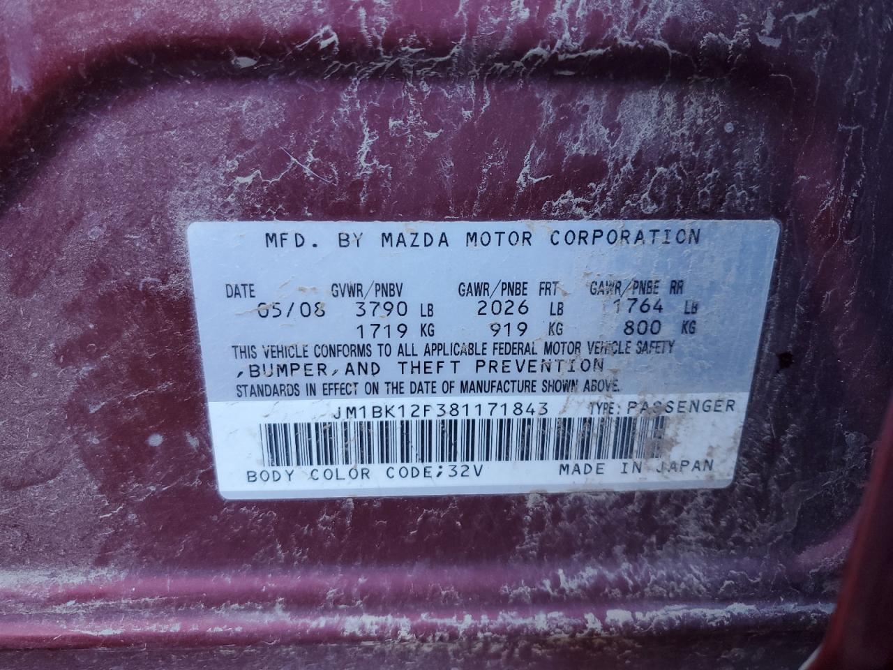 2008 Mazda 3 I VIN: JM1BK12F381171843 Lot: 83768965