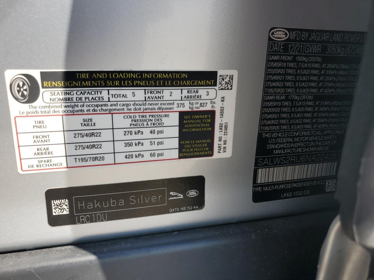 2022 Land Rover Range Rover Sport Hst VIN: SALWS2RU6NA224051 Lot: 81326735