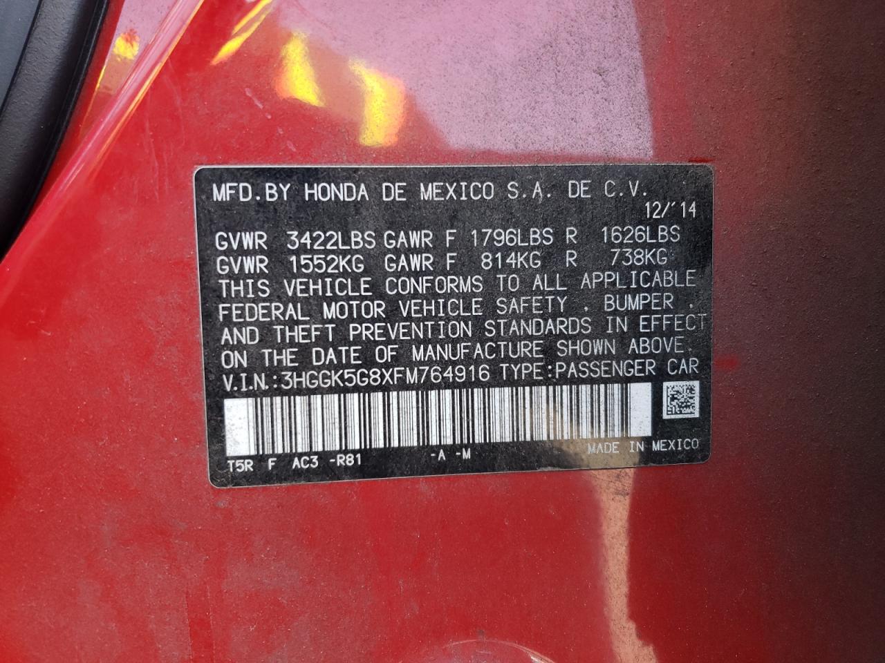 2015 Honda Fit Ex VIN: 3HGGK5G8XFM764916 Lot: 70675925