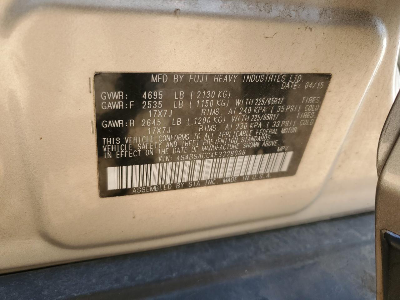 2015 Subaru Outback 2.5I Premium VIN: 4S4BSACC4F3328006 Lot: 80564595