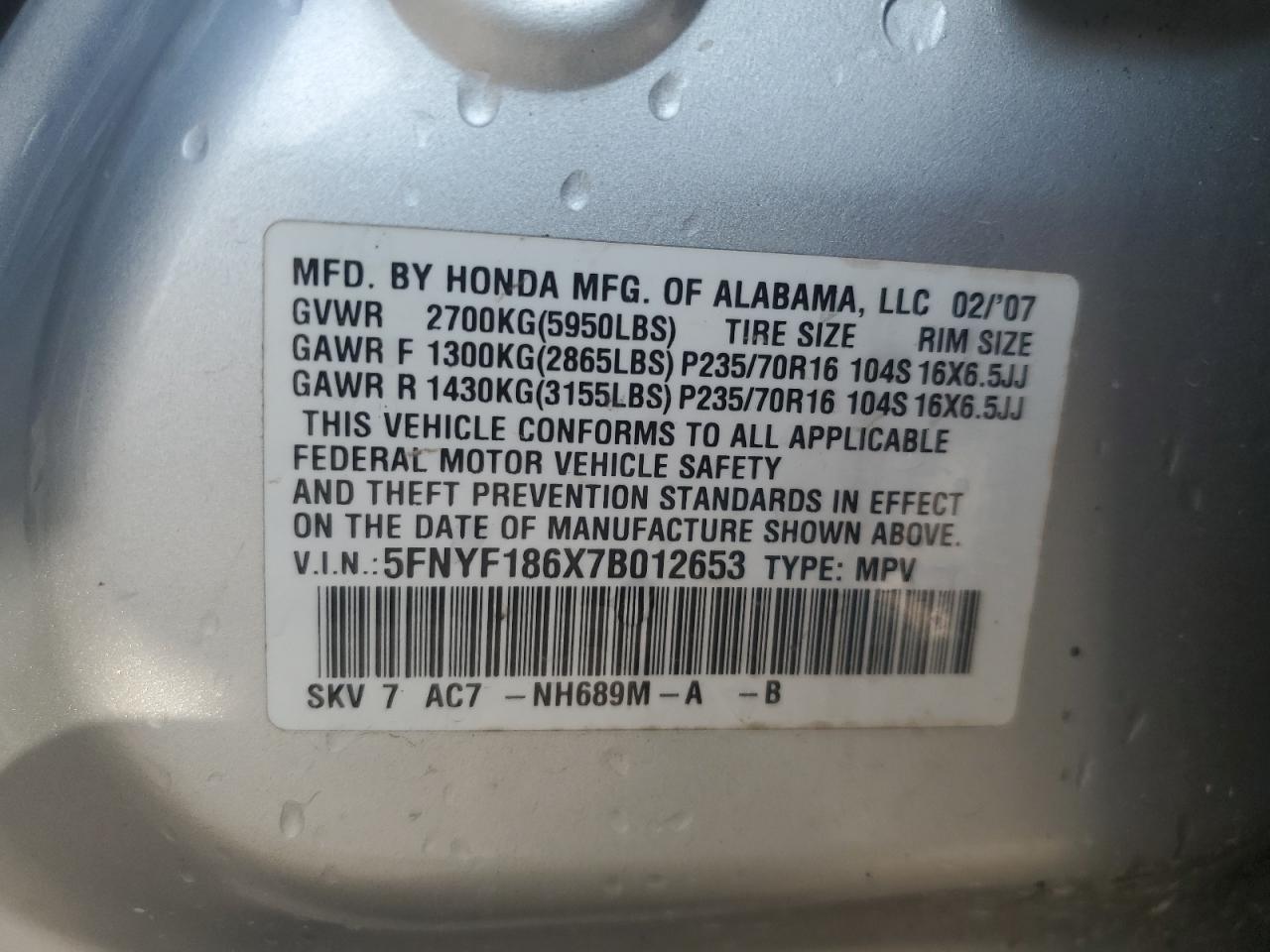 2007 Honda Pilot Exl VIN: 5FNYF186X7B012653 Lot: 71623585