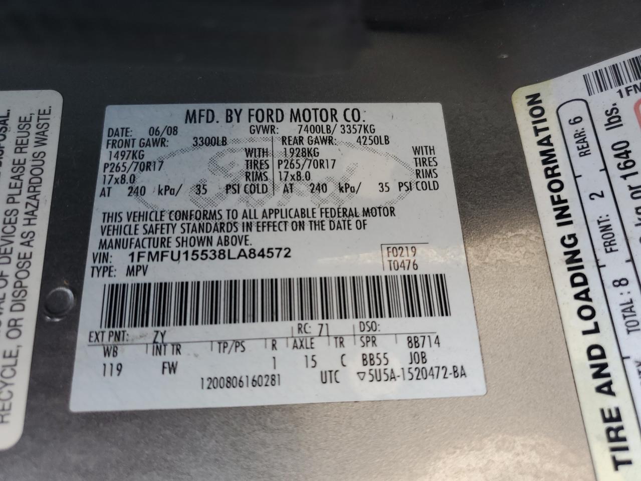 2008 Ford Expedition Xlt VIN: 1FMFU15538LA84572 Lot: 84608575