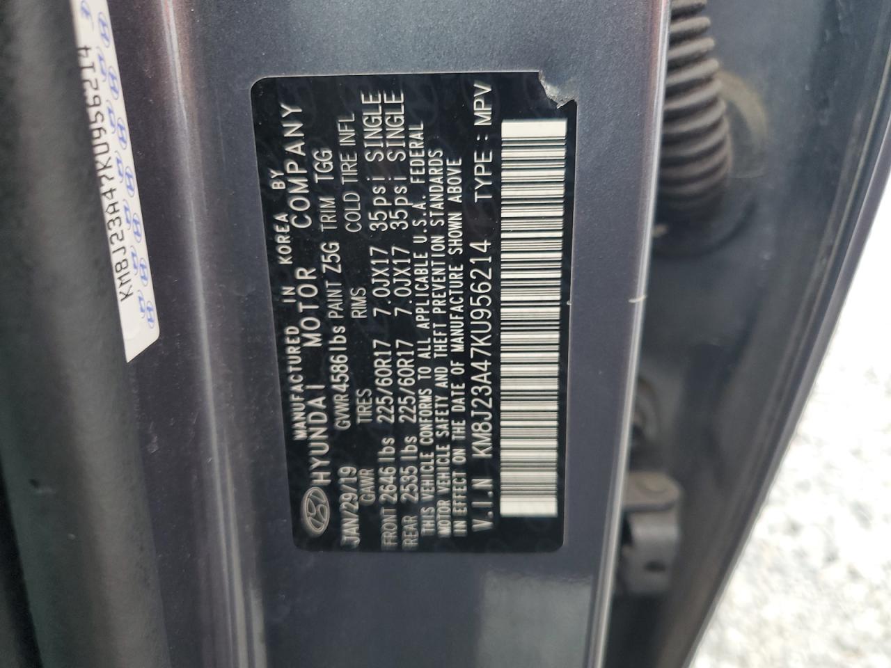 2019 Hyundai Tucson Se VIN: KM8J23A47KU956214 Lot: 84757875