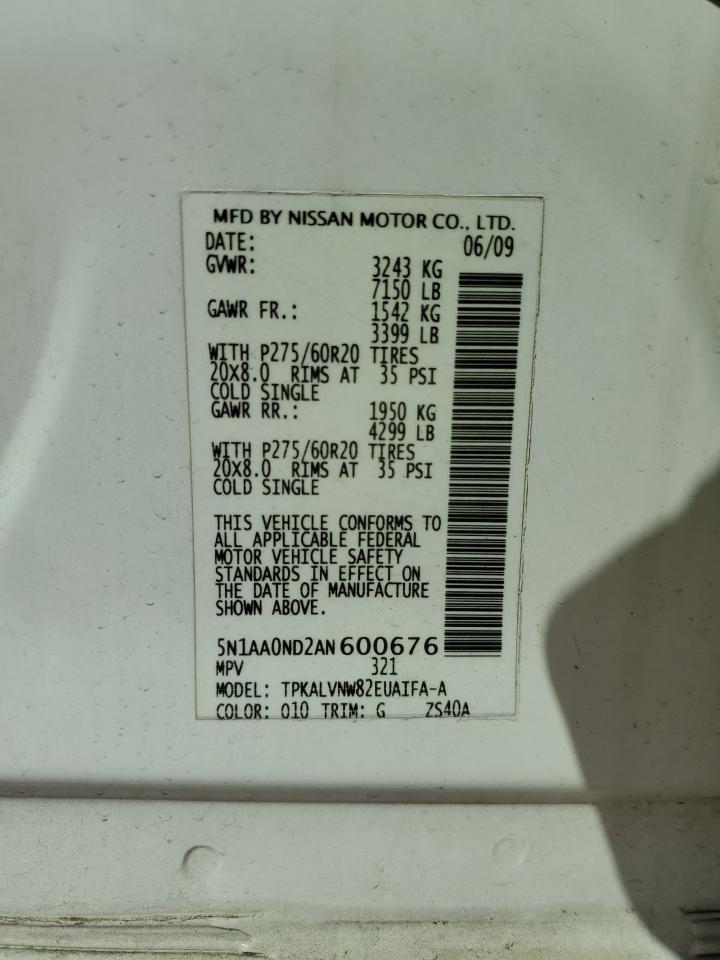 2010 Nissan Armada Se VIN: 5N1AA0ND2AN600676 Lot: 80922935