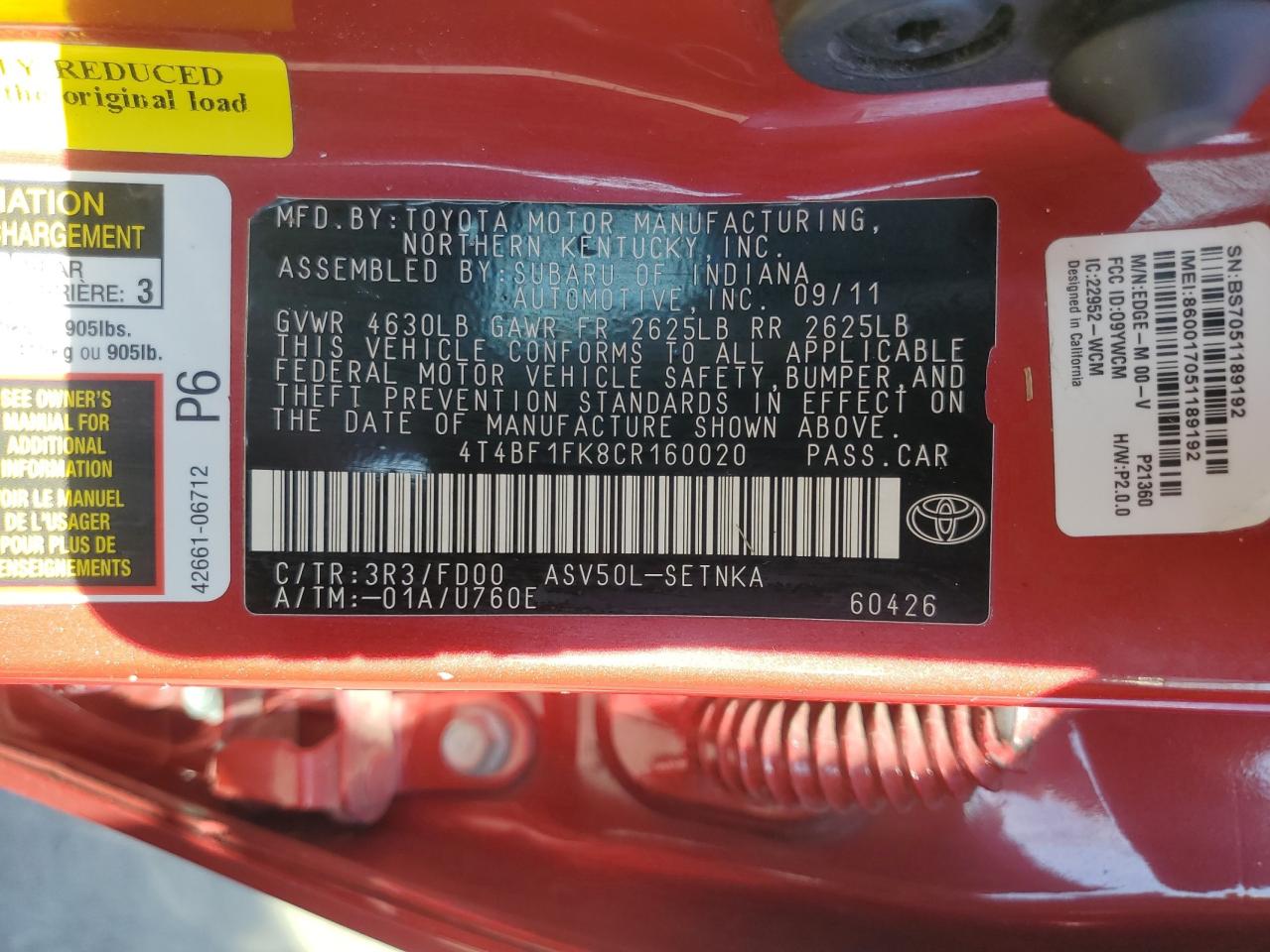 2012 Toyota Camry Base VIN: 4T4BF1FK8CR160020 Lot: 84298875