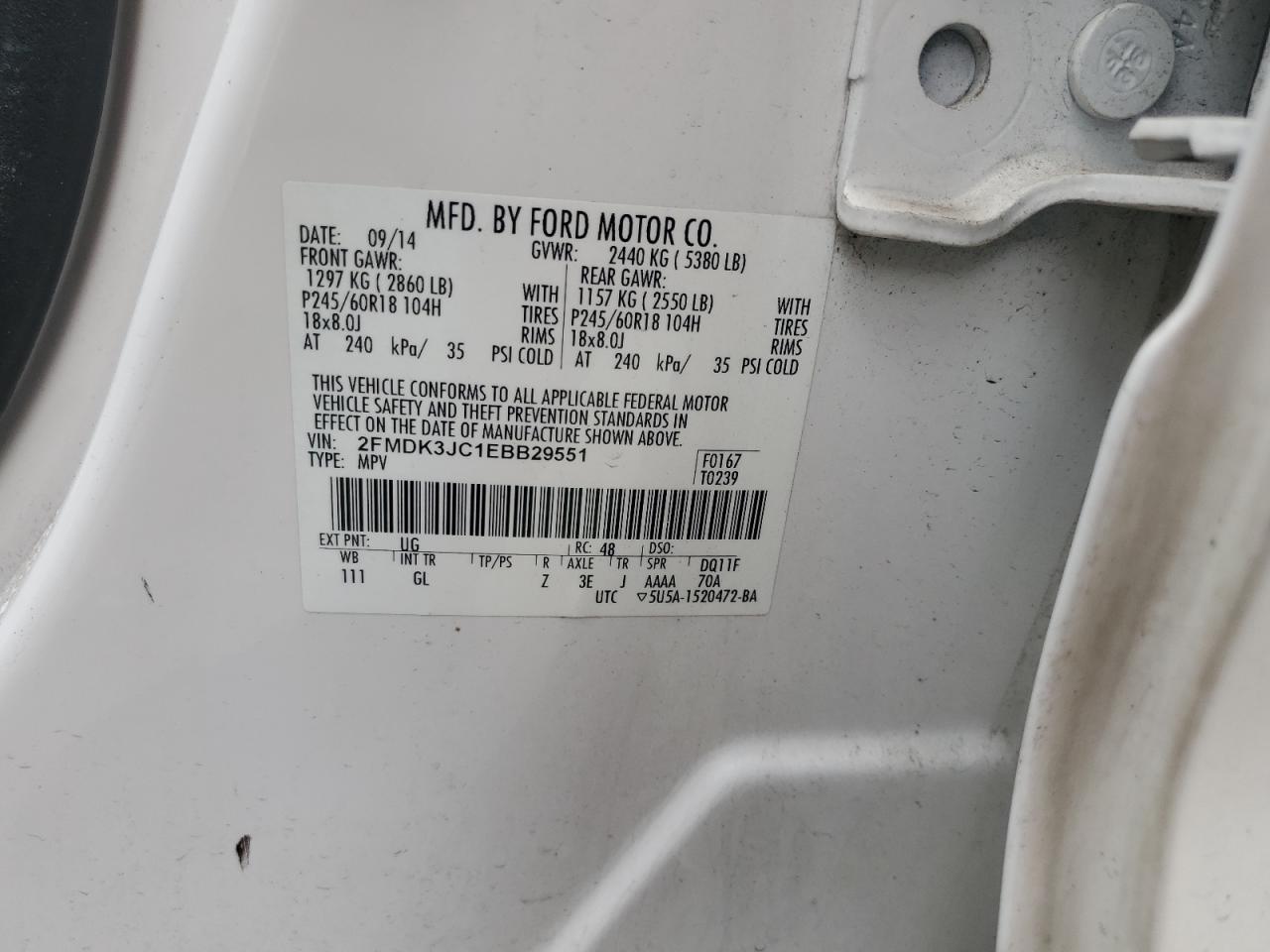 2014 Ford Edge Sel VIN: 2FMDK3JC1EBB29551 Lot: 83960135