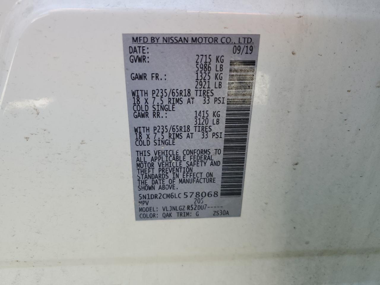 2020 Nissan Pathfinder Sl VIN: 5N1DR2CM6LC578068 Lot: 71823535