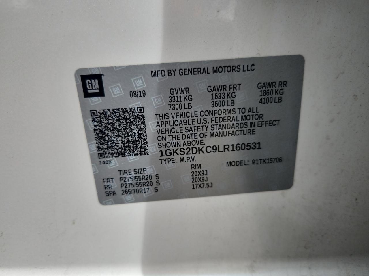 2020 GMC Yukon Slt VIN: 1GKS2DKC9LR160531 Lot: 84231685