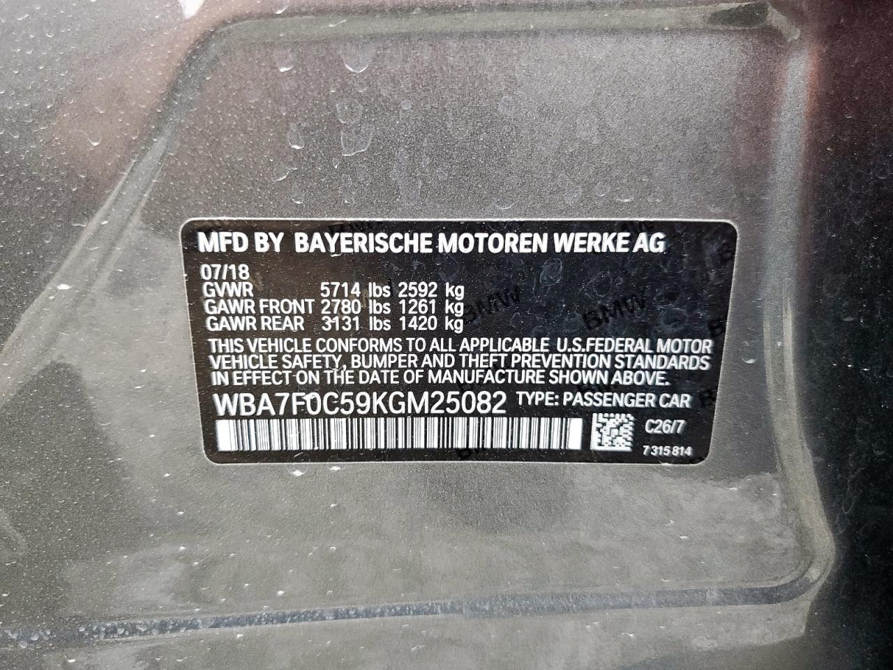 2019 BMW 750 I VIN: WBA7F0C59KGM25082 Lot: 71895405