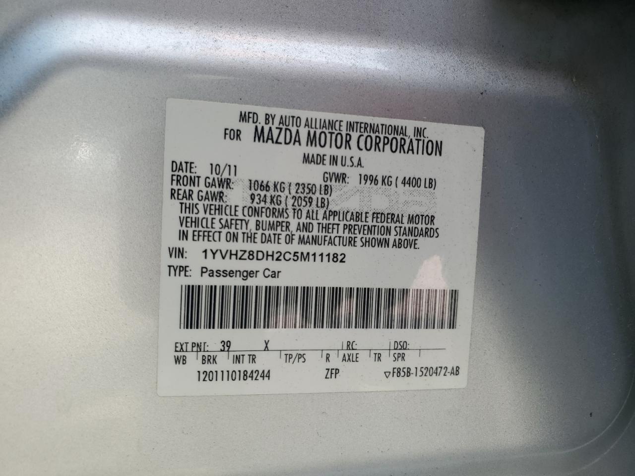 2012 Mazda 6 I VIN: 1YVHZ8DH2C5M11182 Lot: 80059555