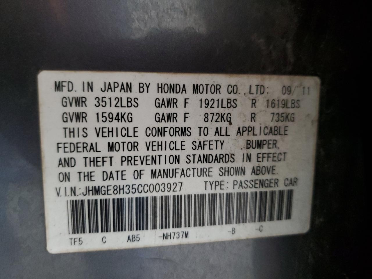 2012 Honda Fit VIN: JHMGE8H35CC003927 Lot: 81479955