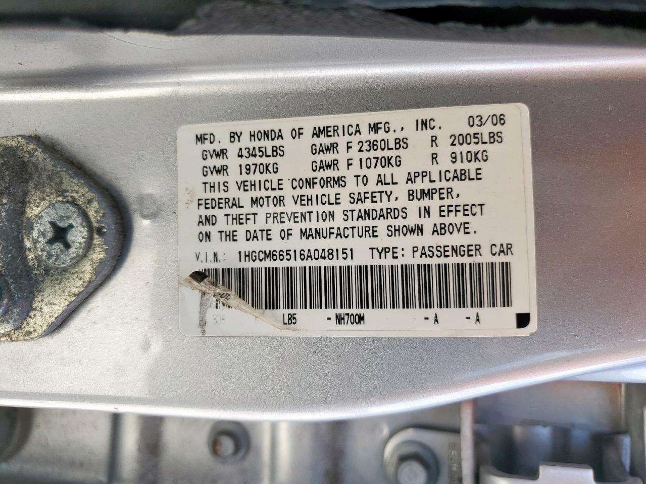 2006 Honda Accord Ex VIN: 1HGCM66516A048151 Lot: 84038145