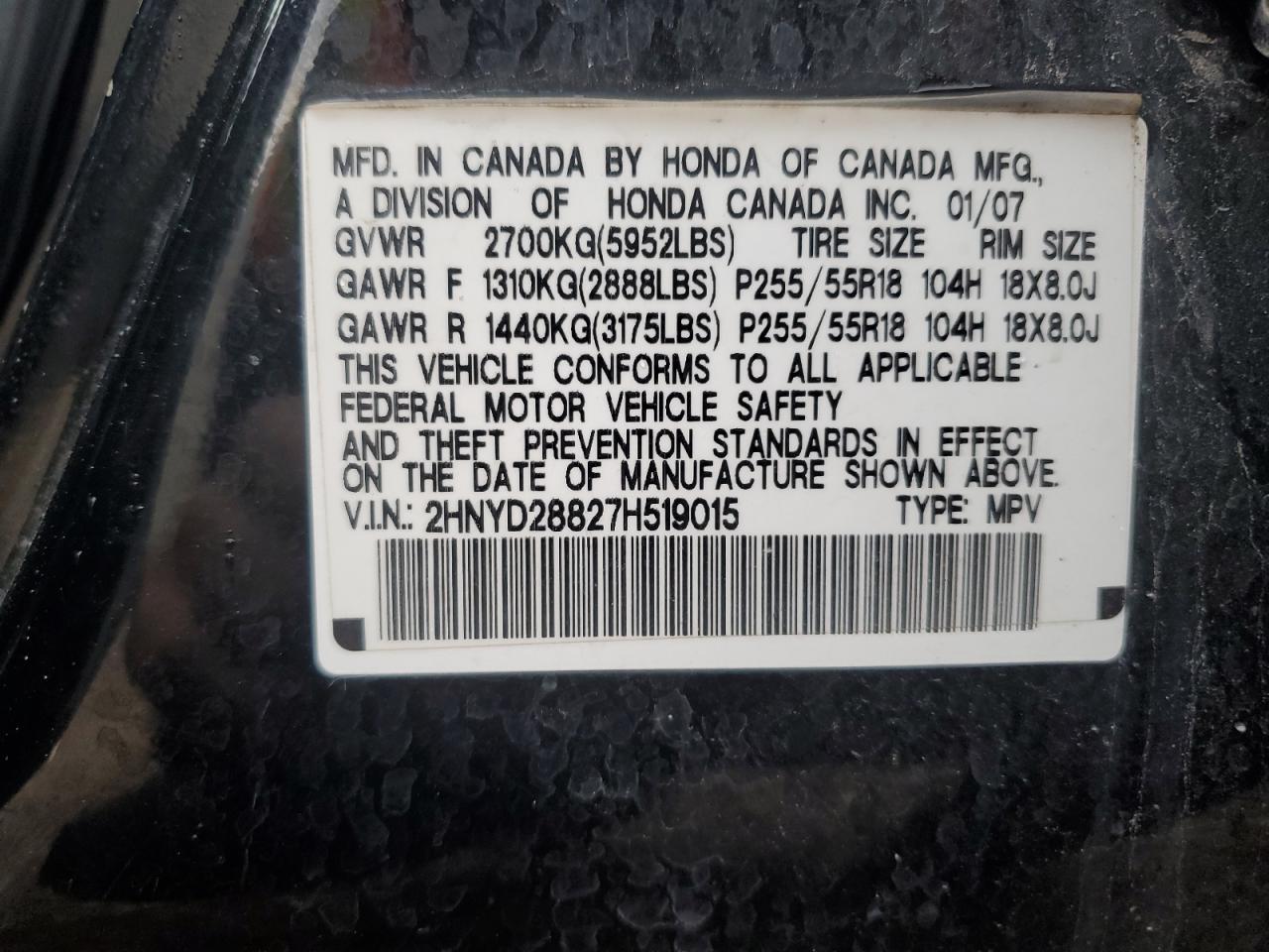 2007 Acura Mdx Sport VIN: 2HNYD28827H519015 Lot: 71806235