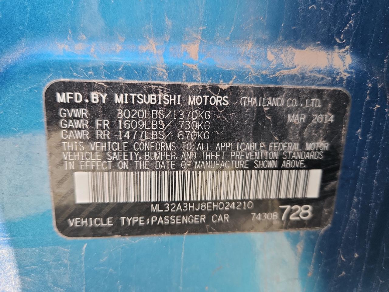 2014 Mitsubishi Mirage De VIN: ML32A3HJ8EH024210 Lot: 80763795