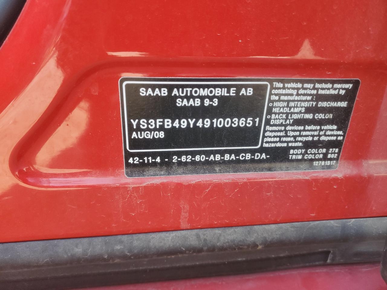 2009 Saab 9-3 2.0T VIN: YS3FB49Y491003651 Lot: 80083115