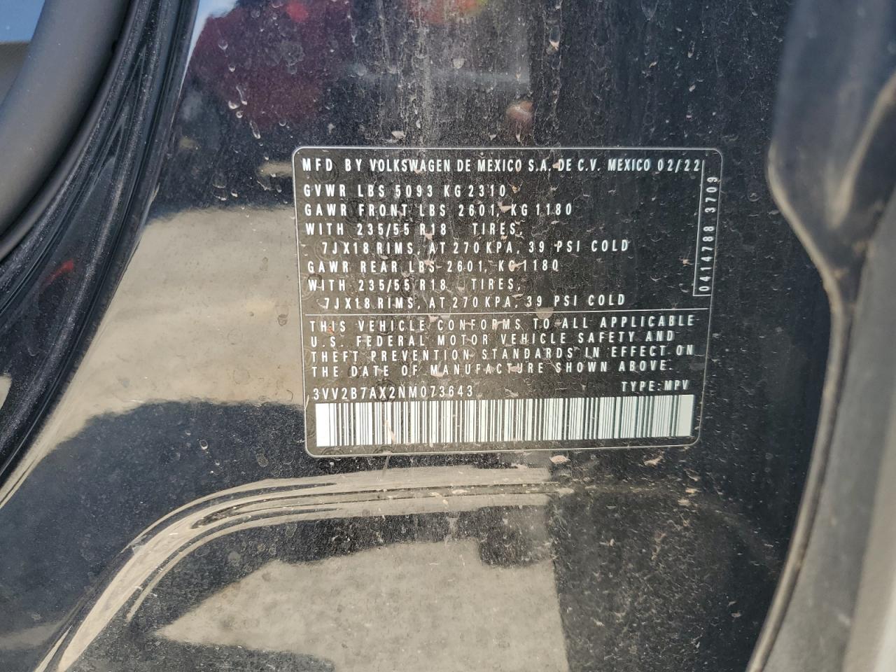 2022 Volkswagen Tiguan Se VIN: 3VV2B7AX2NM073643 Lot: 71871025