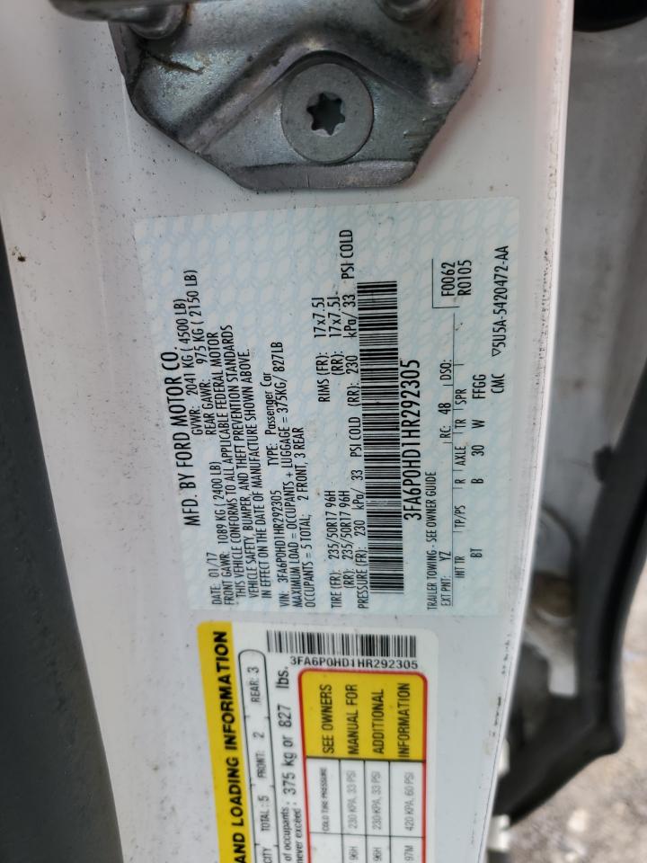 2017 Ford Fusion Se VIN: 3FA6P0HD1HR292305 Lot: 84172345